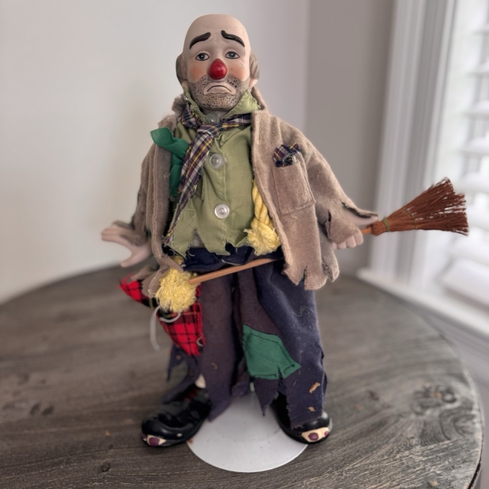Vintage Sad Hobo Clown Porcelain Figurine 13" Emmett Kelly Style with Broom